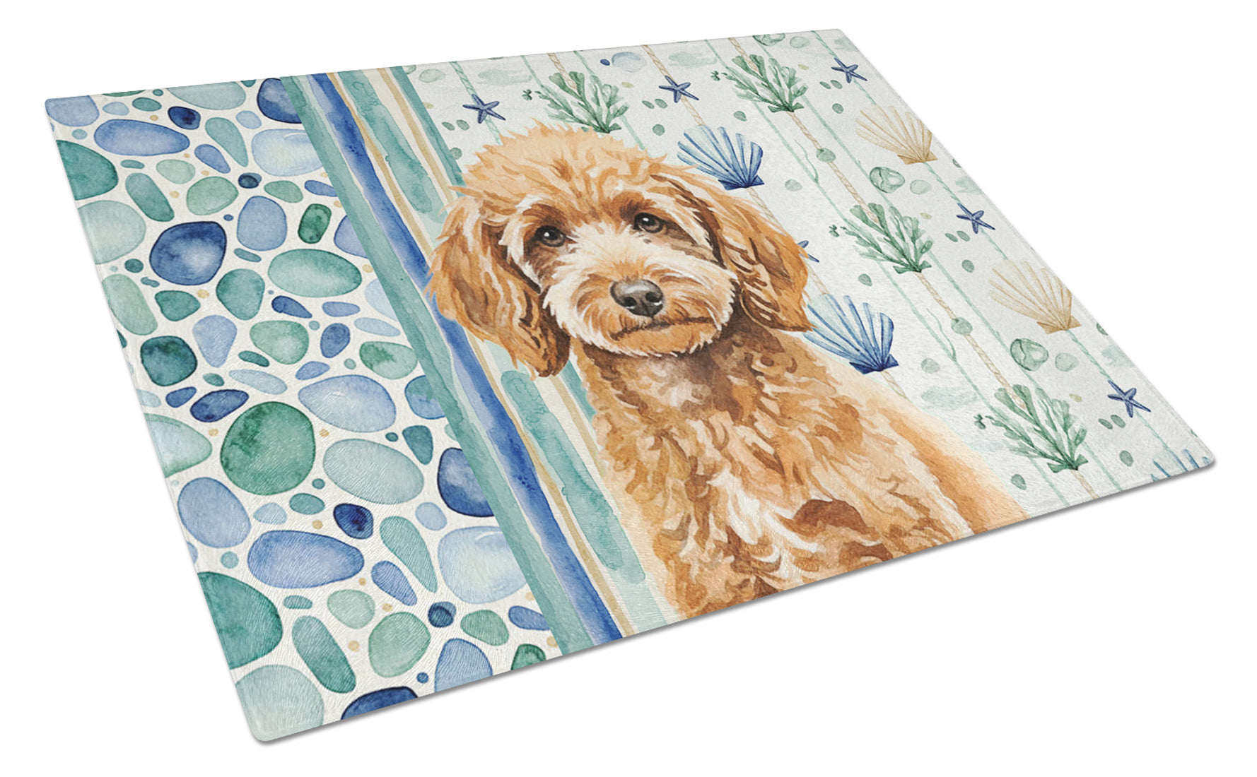 Miniature Apricot Poodle Coastal Sea Glass Cutting Board Tempered Glass Kitchen Cutting Surface, Heat Resistant Chopping, Non-Slip Feet, Food Prep & Serving