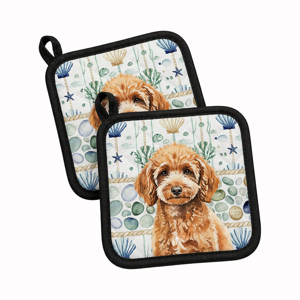 Miniature Apricot Poodle Coastal Sea Glass Pot Holder Set of 2 Heat Resistant Quilted Hot Pads 7.5 x 7.5 Inch, Insulated Kitchen Trivets for Cooking & Baking