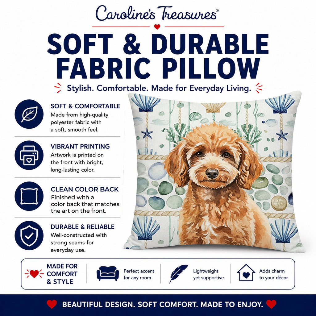 Miniature Apricot Poodle Coastal Sea Glass Decorative Throw Pillow 14x14 Indoor Outdoor Accent Cushion, Fabric Cover with Insert for Sofa, Bed, Porch & Living Room