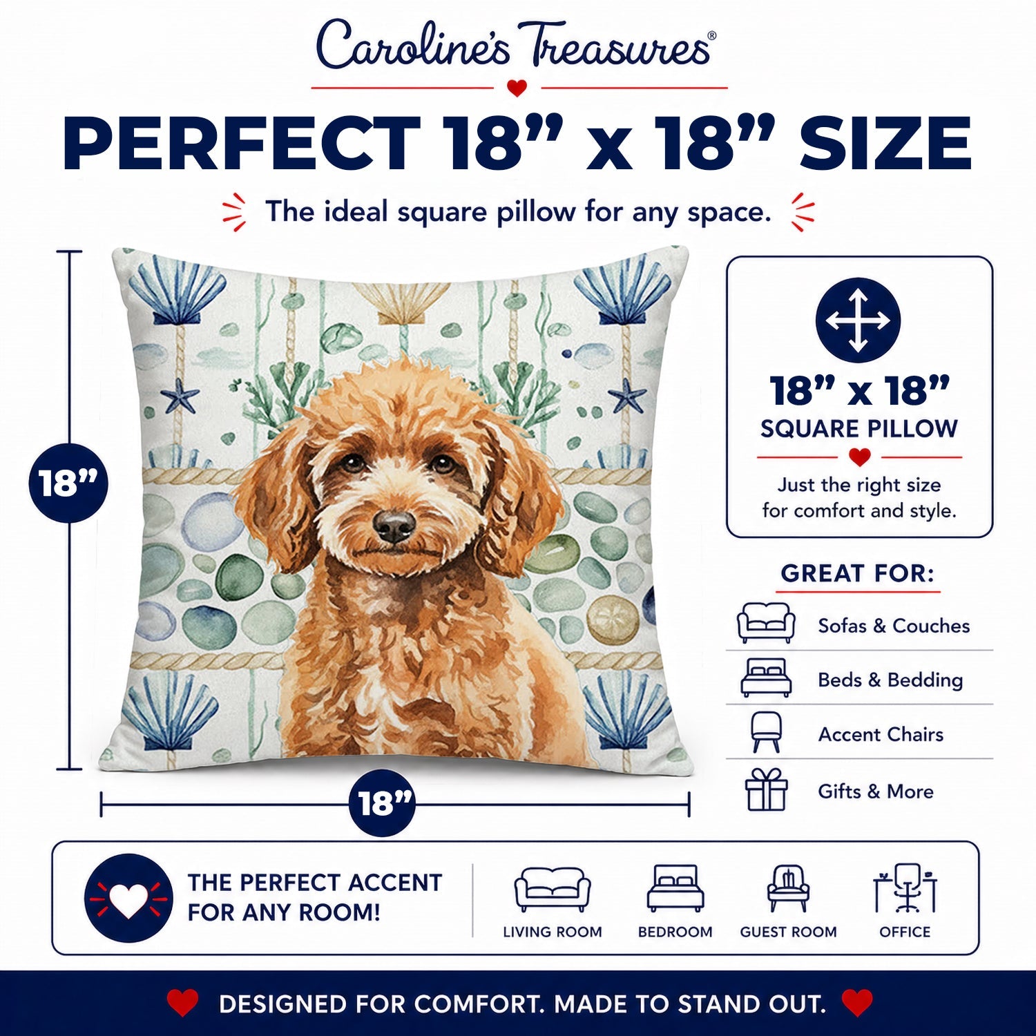 Miniature Apricot Poodle Coastal Sea Glass Decorative Throw Pillow 18x18 Indoor Outdoor Accent Cushion, Fabric Cover with Insert for Sofa, Bed, Porch & Living Room