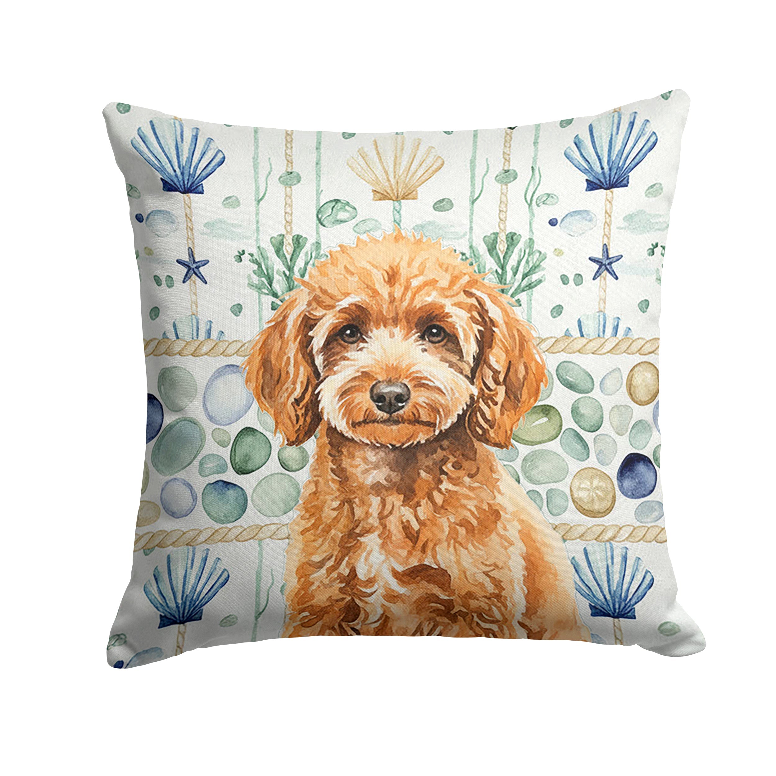 Miniature Apricot Poodle Coastal Sea Glass Decorative Throw Pillow 18x18 Indoor Outdoor Accent Cushion, Fabric Cover with Insert for Sofa, Bed, Porch & Living Room