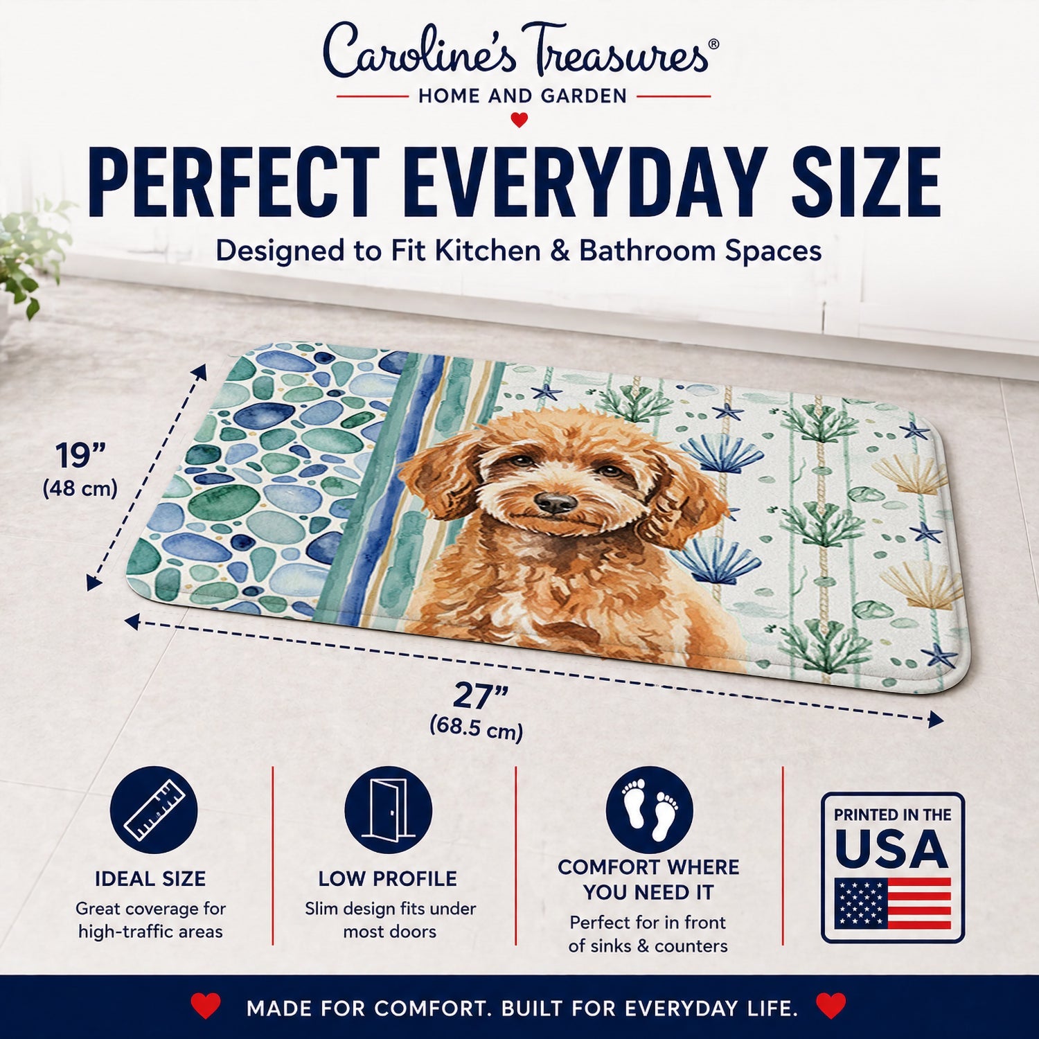 Miniature Apricot Poodle Coastal Sea Glass Memory Foam Kitchen Mat Machine Washable Anti-Fatigue Cushion Comfort Bath or Kitchen Rug