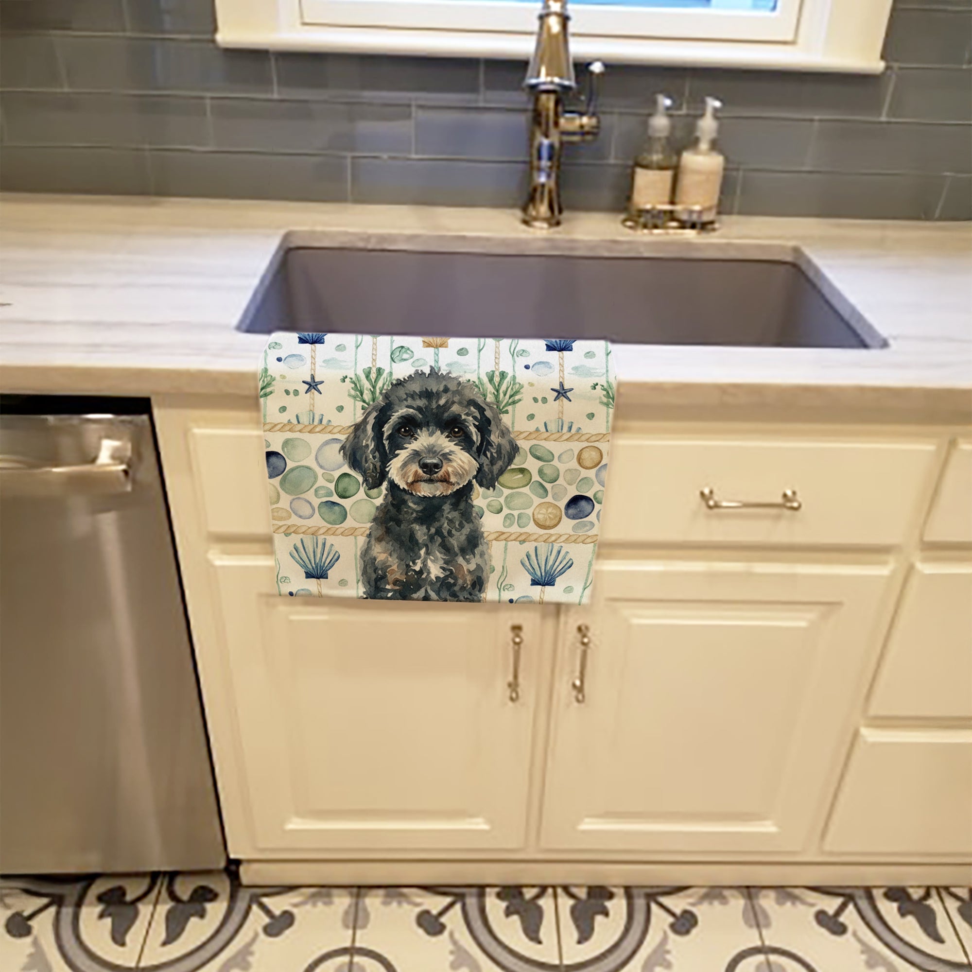 Miniature Black Poodle Coastal Sea Glass Kitchen Towel Velour Plush Front and Cotton Loop Back Machine Washable