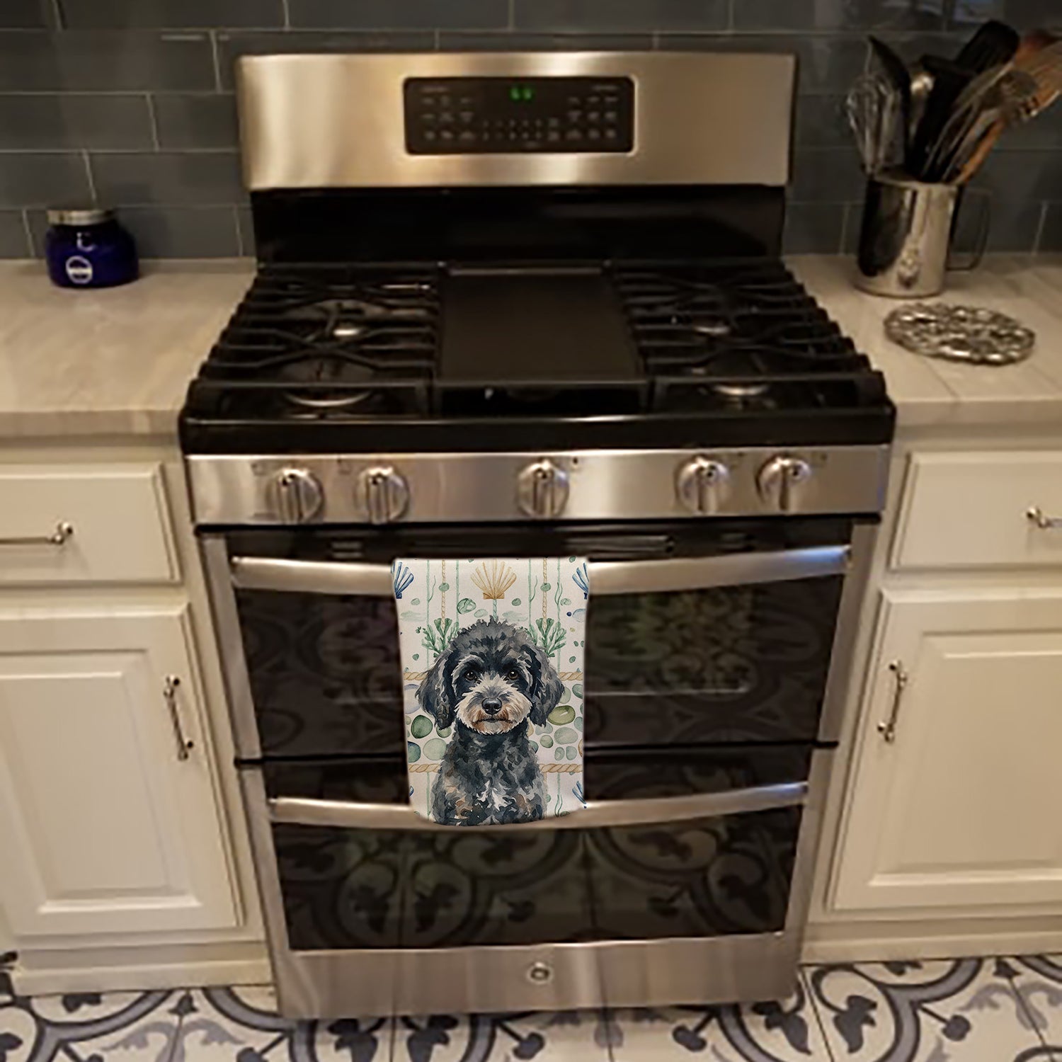 Miniature Black Poodle Coastal Sea Glass Kitchen Towel Velour Plush Front and Cotton Loop Back Machine Washable