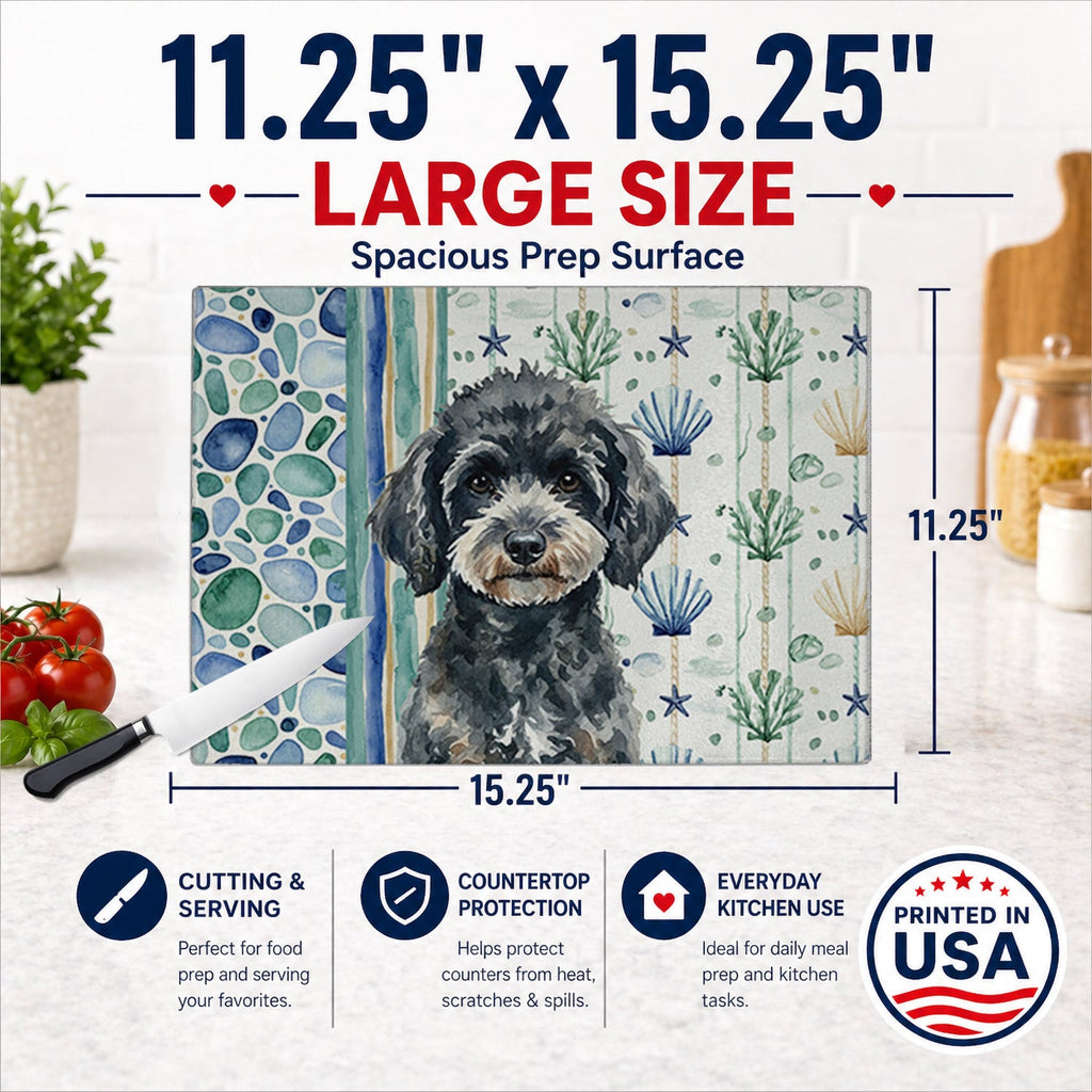 Miniature Black Poodle Coastal Sea Glass Cutting Board Tempered Glass Kitchen Cutting Surface, Heat Resistant Chopping, Non-Slip Feet, Food Prep & Serving