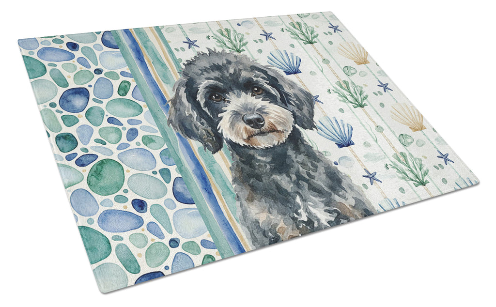 Miniature Black Poodle Coastal Sea Glass Cutting Board Tempered Glass Kitchen Cutting Surface, Heat Resistant Chopping, Non-Slip Feet, Food Prep & Serving