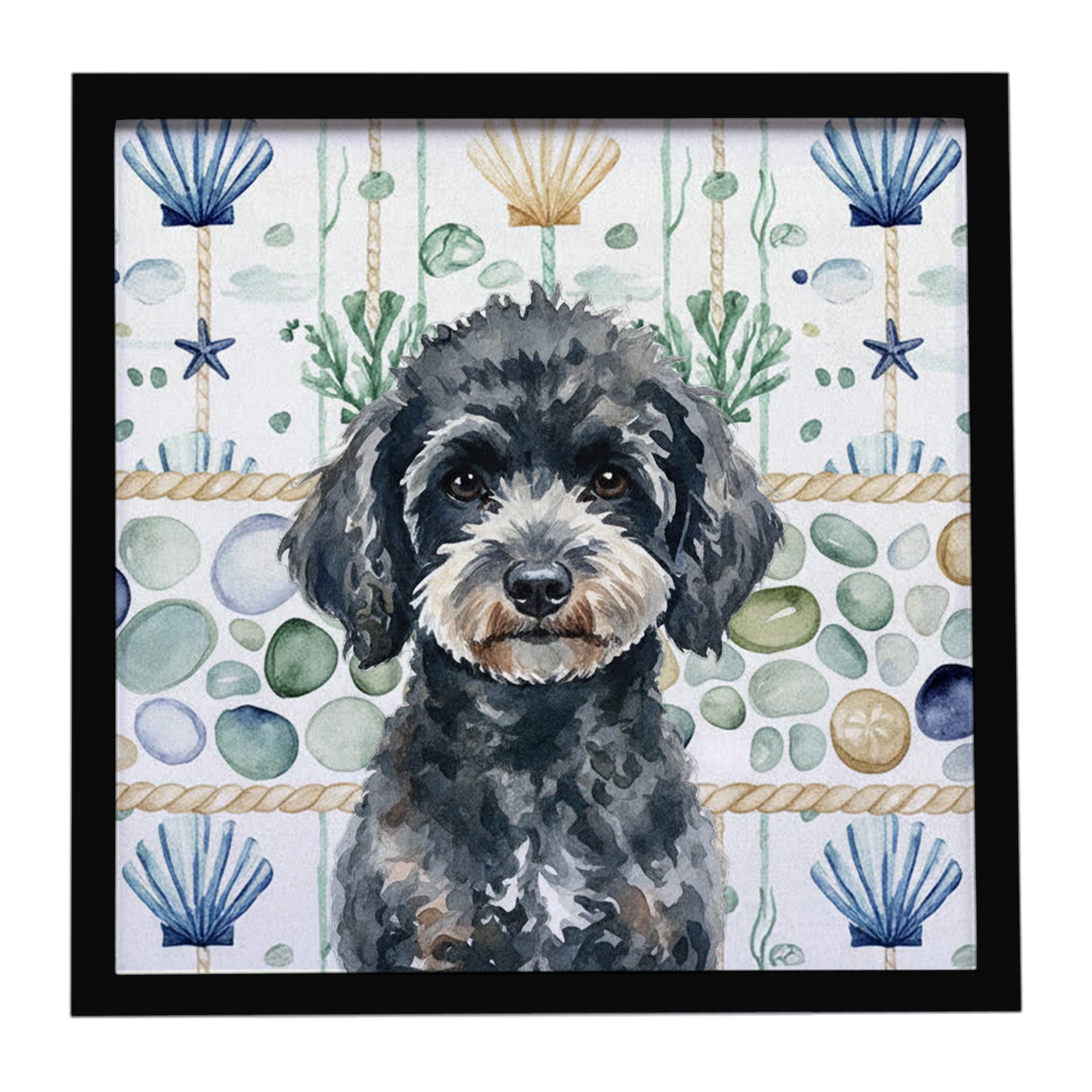 Miniature Black Poodle Coastal Sea Glass Framed Metal Print Bathroom, Kitchen, Office, Home Decor Wall Art Ready to Hang, Square, 8X8