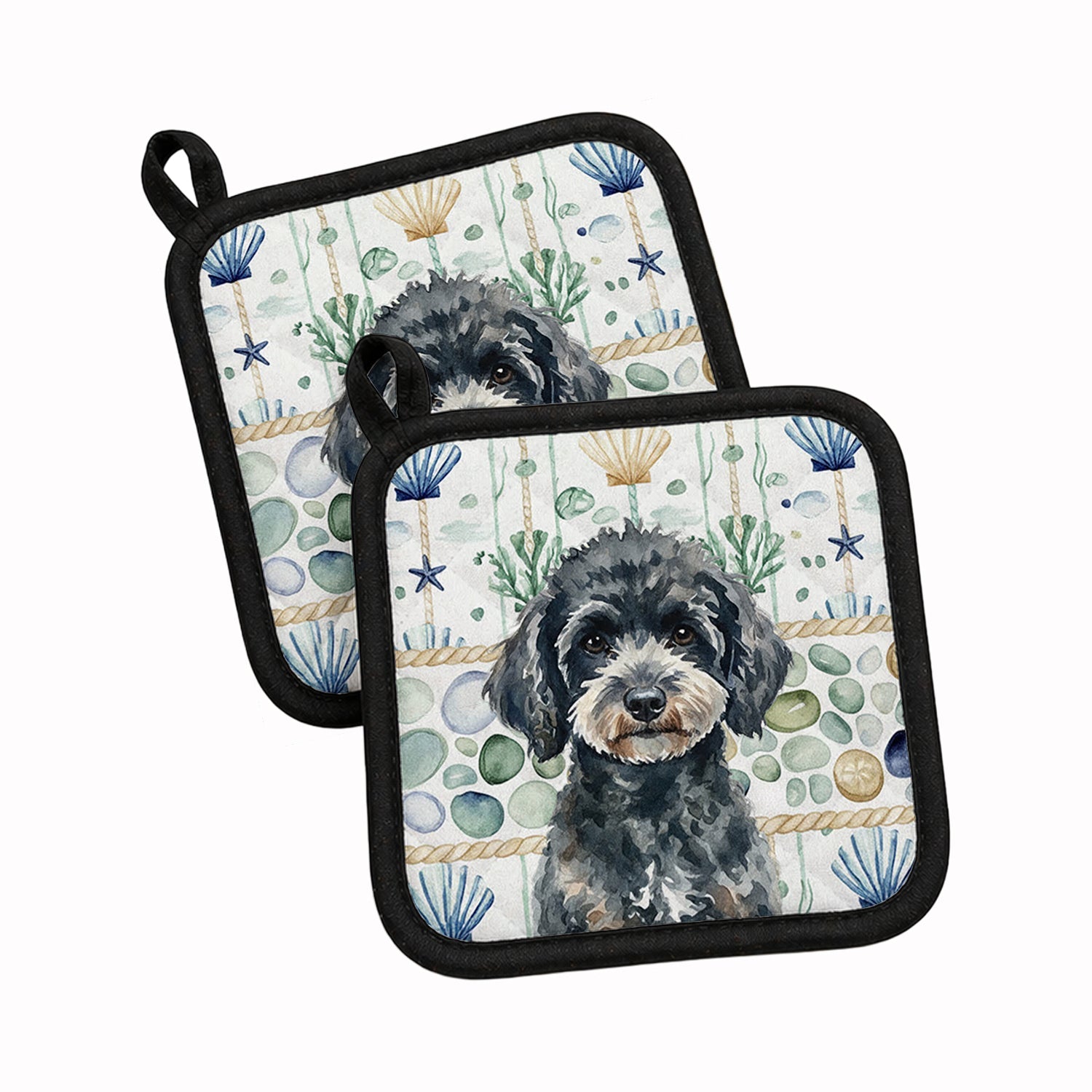 Miniature Black Poodle Coastal Sea Glass Pot Holder Set of 2 Heat Resistant Quilted Hot Pads 7.5 x 7.5 Inch, Insulated Kitchen Trivets for Cooking & Baking