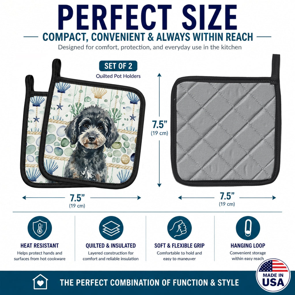 Miniature Black Poodle Coastal Sea Glass Pot Holder Set of 2 Heat Resistant Quilted Hot Pads 7.5 x 7.5 Inch, Insulated Kitchen Trivets for Cooking & Baking