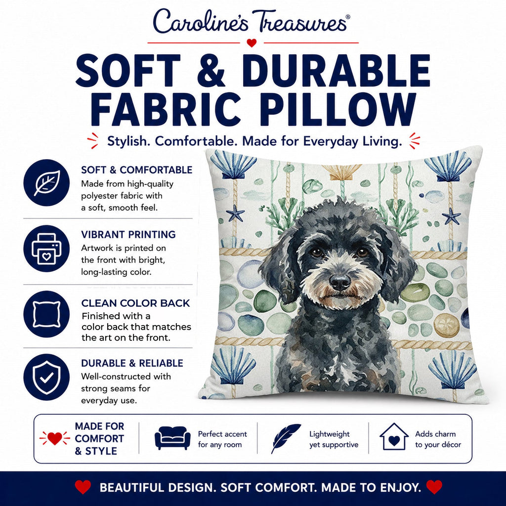 Miniature Black Poodle Coastal Sea Glass Decorative Throw Pillow 18x18 Indoor Outdoor Accent Cushion, Fabric Cover with Insert for Sofa, Bed, Porch & Living Room