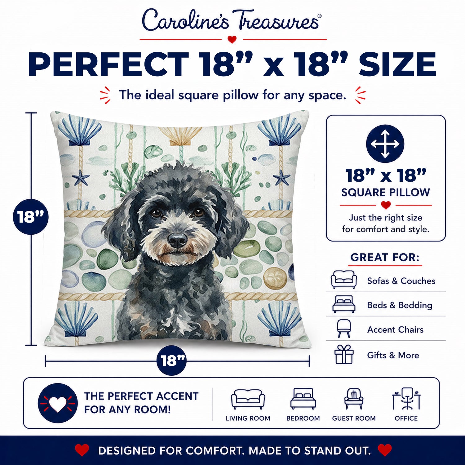 Miniature Black Poodle Coastal Sea Glass Decorative Throw Pillow 18x18 Indoor Outdoor Accent Cushion, Fabric Cover with Insert for Sofa, Bed, Porch & Living Room
