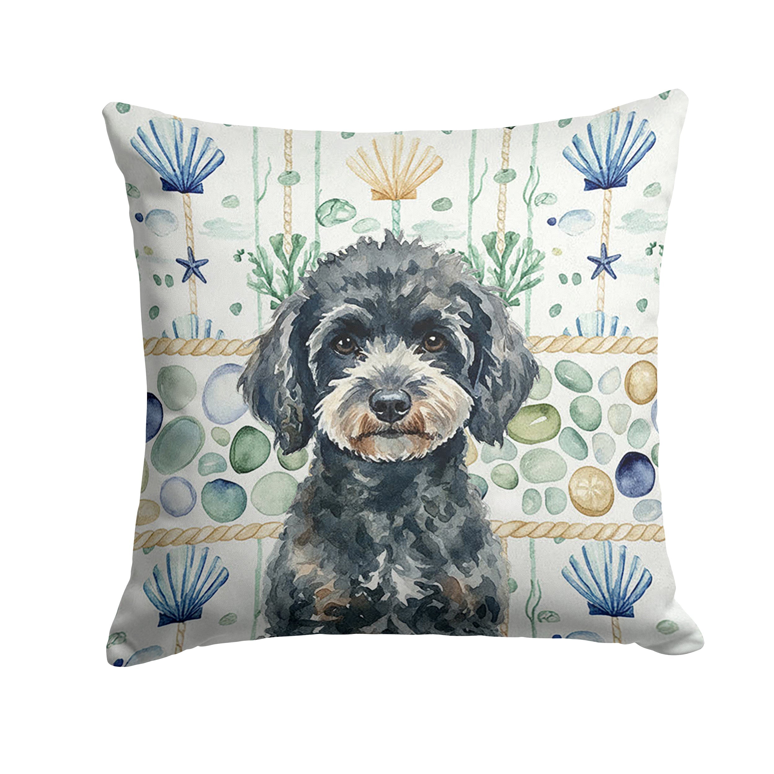 Miniature Black Poodle Coastal Sea Glass Decorative Throw Pillow 18x18 Indoor Outdoor Accent Cushion, Fabric Cover with Insert for Sofa, Bed, Porch & Living Room