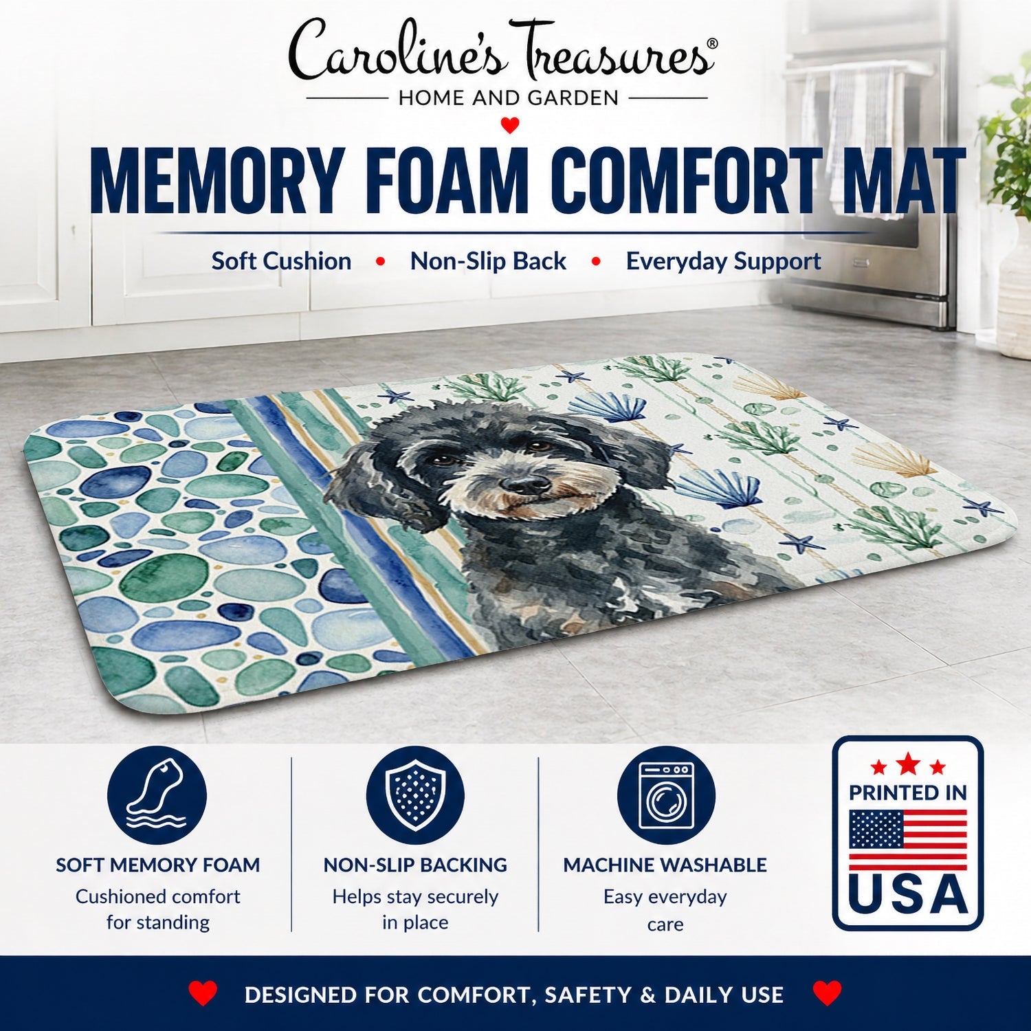 Miniature Black Poodle Coastal Sea Glass Memory Foam Kitchen Mat Machine Washable Anti-Fatigue Cushion Comfort Bath or Kitchen Rug