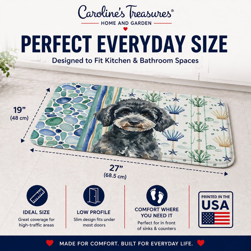 Miniature Black Poodle Coastal Sea Glass Memory Foam Kitchen Mat Machine Washable Anti-Fatigue Cushion Comfort Bath or Kitchen Rug