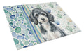 Miniature Parti Poodle Coastal Sea Glass Cutting Board Tempered Glass Kitchen Cutting Surface, Heat Resistant Chopping, Non-Slip Feet, Food Prep & Serving