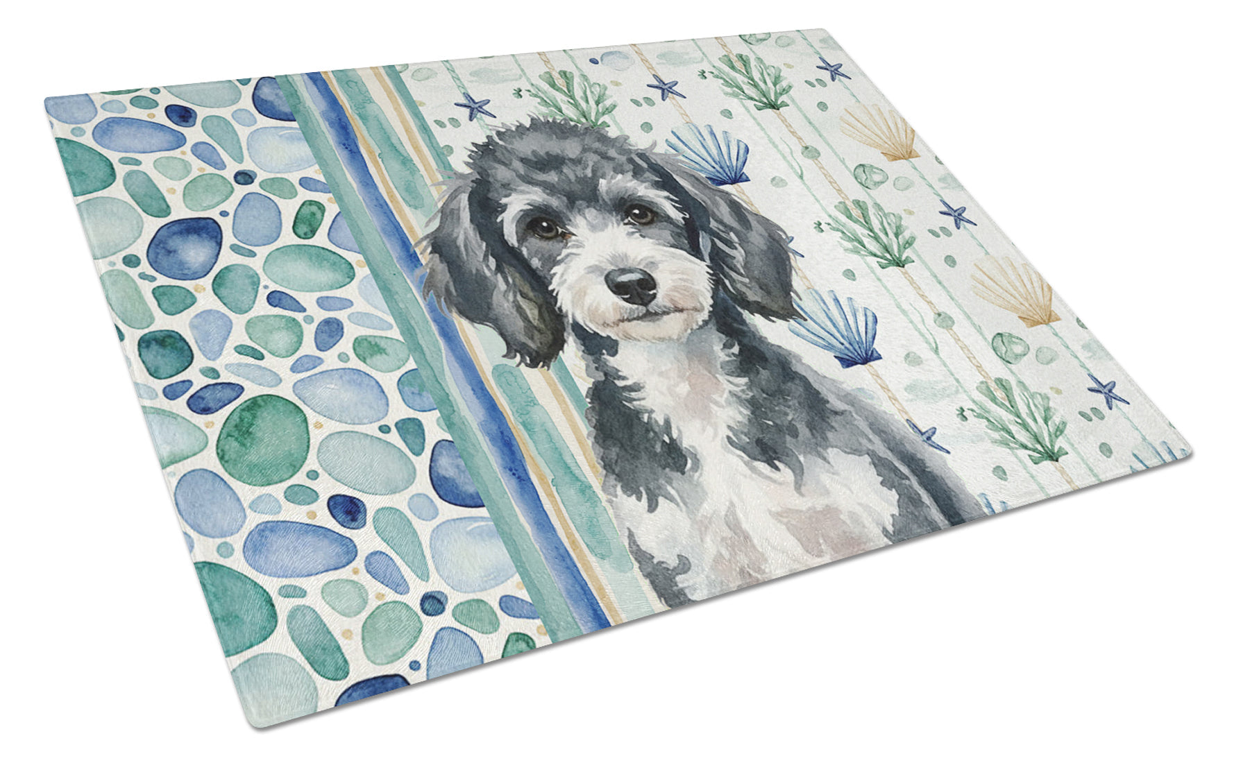 Miniature Parti Poodle Coastal Sea Glass Cutting Board Tempered Glass Kitchen Cutting Surface, Heat Resistant Chopping, Non-Slip Feet, Food Prep & Serving