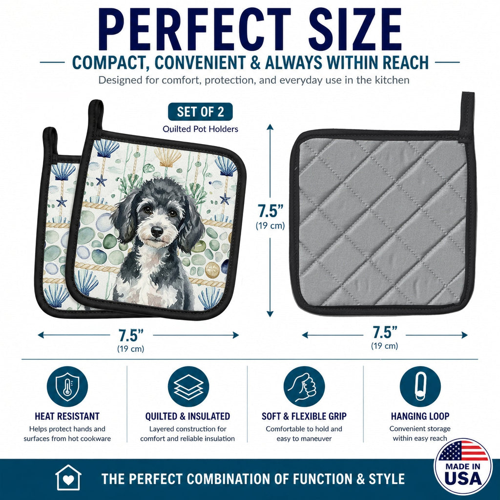 Miniature Parti Poodle Coastal Sea Glass Pot Holder Set of 2 Heat Resistant Quilted Hot Pads 7.5 x 7.5 Inch, Insulated Kitchen Trivets for Cooking & Baking