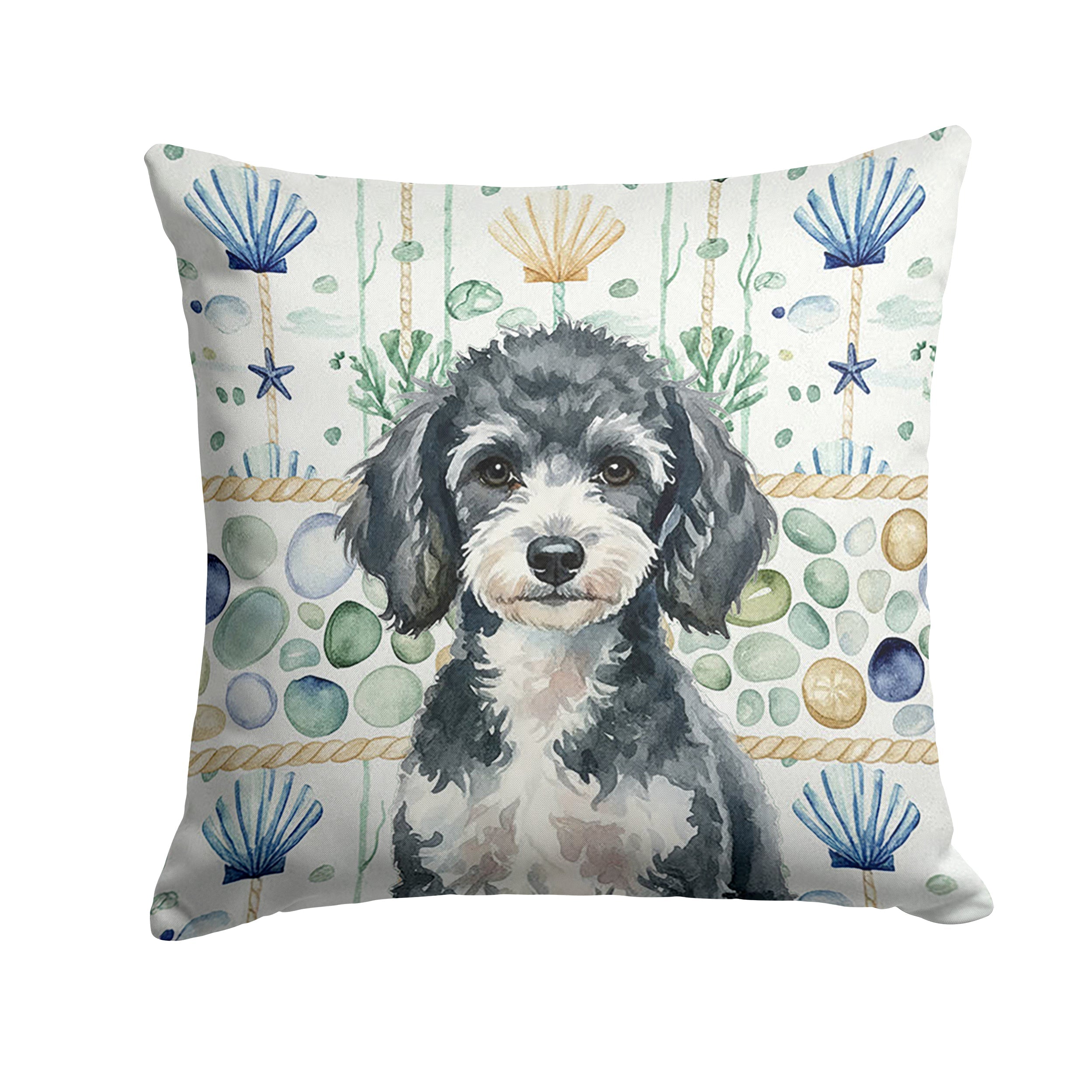 Miniature Parti Poodle Coastal Sea Glass Decorative Throw Pillow 14x14 Indoor Outdoor Accent Cushion, Fabric Cover with Insert for Sofa, Bed, Porch & Living Room