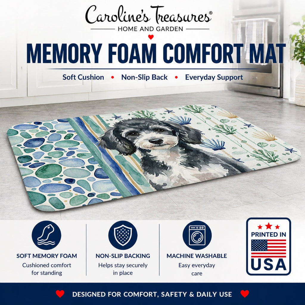 Miniature Parti Poodle Coastal Sea Glass Memory Foam Kitchen Mat Machine Washable Anti-Fatigue Cushion Comfort Bath or Kitchen Rug