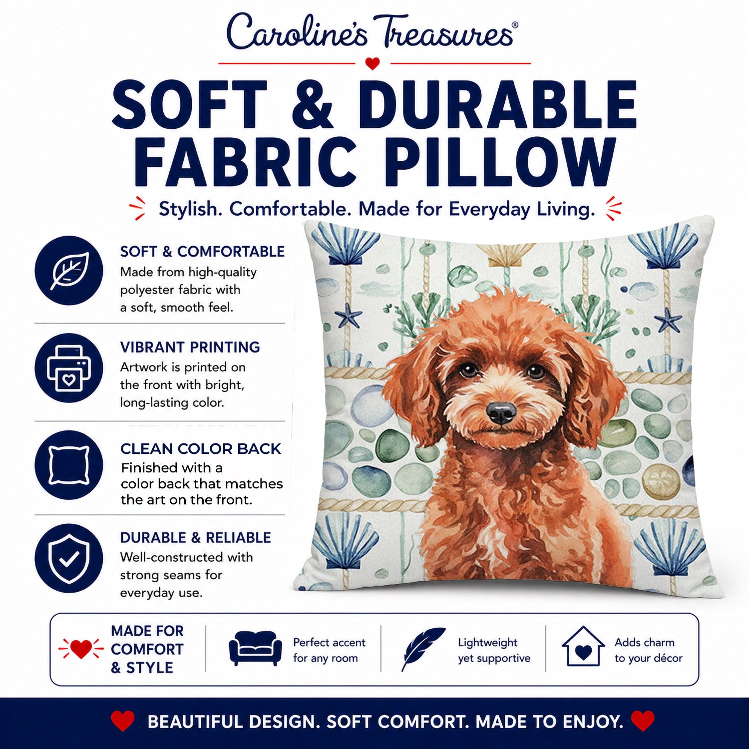 Miniature Red Poodle Coastal Sea Glass Decorative Throw Pillow 14x14 Indoor Outdoor Accent Cushion, Fabric Cover with Insert for Sofa, Bed, Porch & Living Room