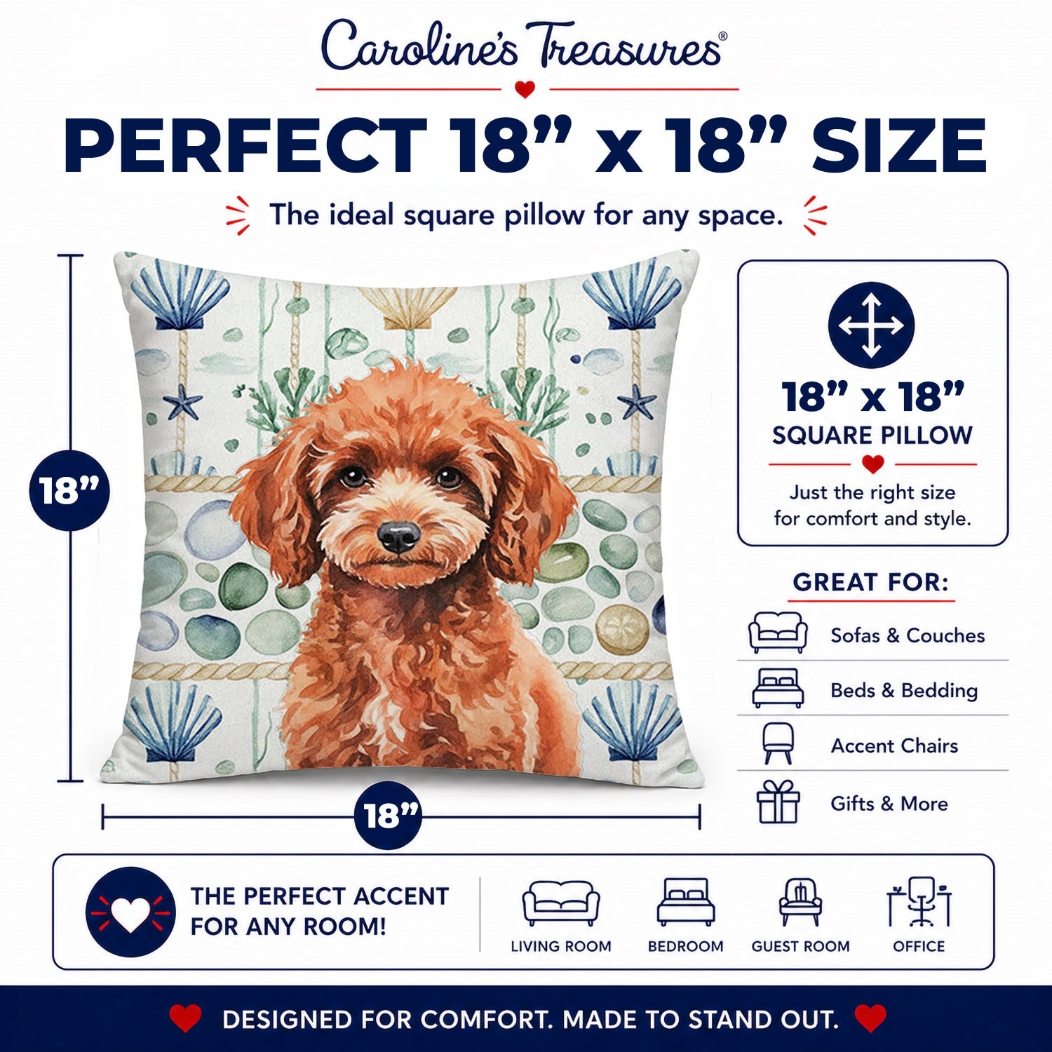 Miniature Red Poodle Coastal Sea Glass Decorative Throw Pillow 18x18 Indoor Outdoor Accent Cushion, Fabric Cover with Insert for Sofa, Bed, Porch & Living Room