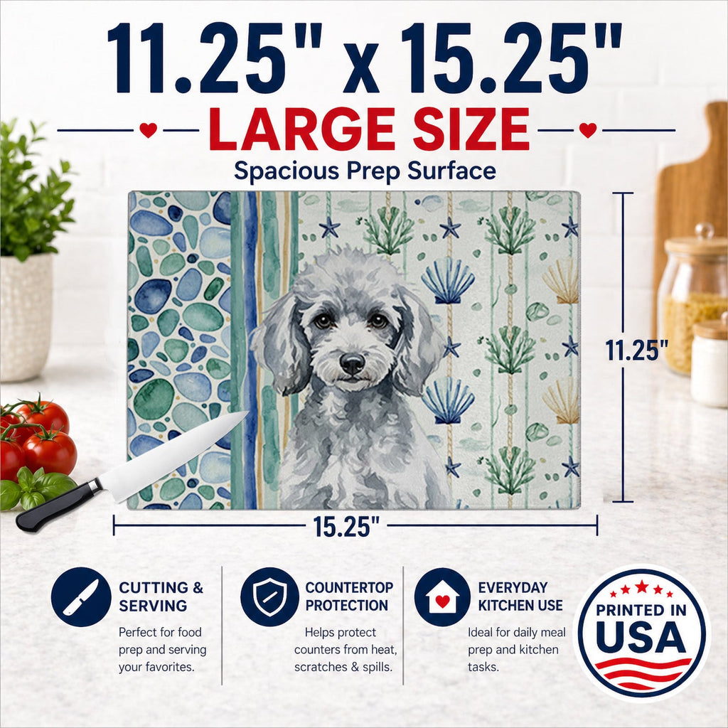 Miniature Silver Poodle Coastal Sea Glass Cutting Board Tempered Glass Kitchen Cutting Surface, Heat Resistant Chopping, Non-Slip Feet, Food Prep & Serving