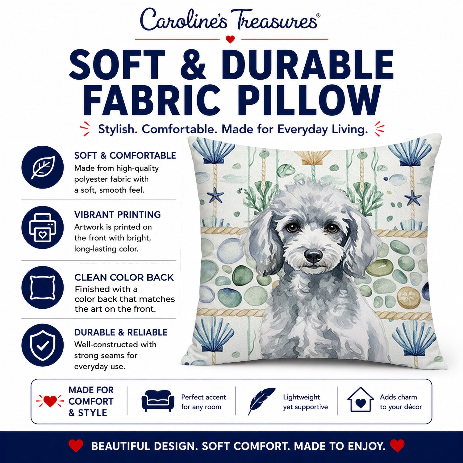 Miniature Silver Poodle Coastal Sea Glass Decorative Throw Pillow 14x14 Indoor Outdoor Accent Cushion, Fabric Cover with Insert for Sofa, Bed, Porch & Living Room