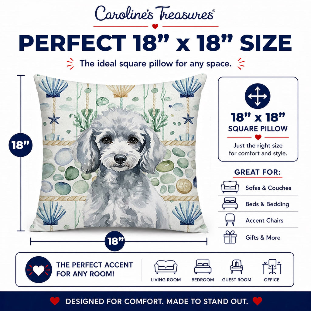 Miniature Silver Poodle Coastal Sea Glass Decorative Throw Pillow 18x18 Indoor Outdoor Accent Cushion, Fabric Cover with Insert for Sofa, Bed, Porch & Living Room