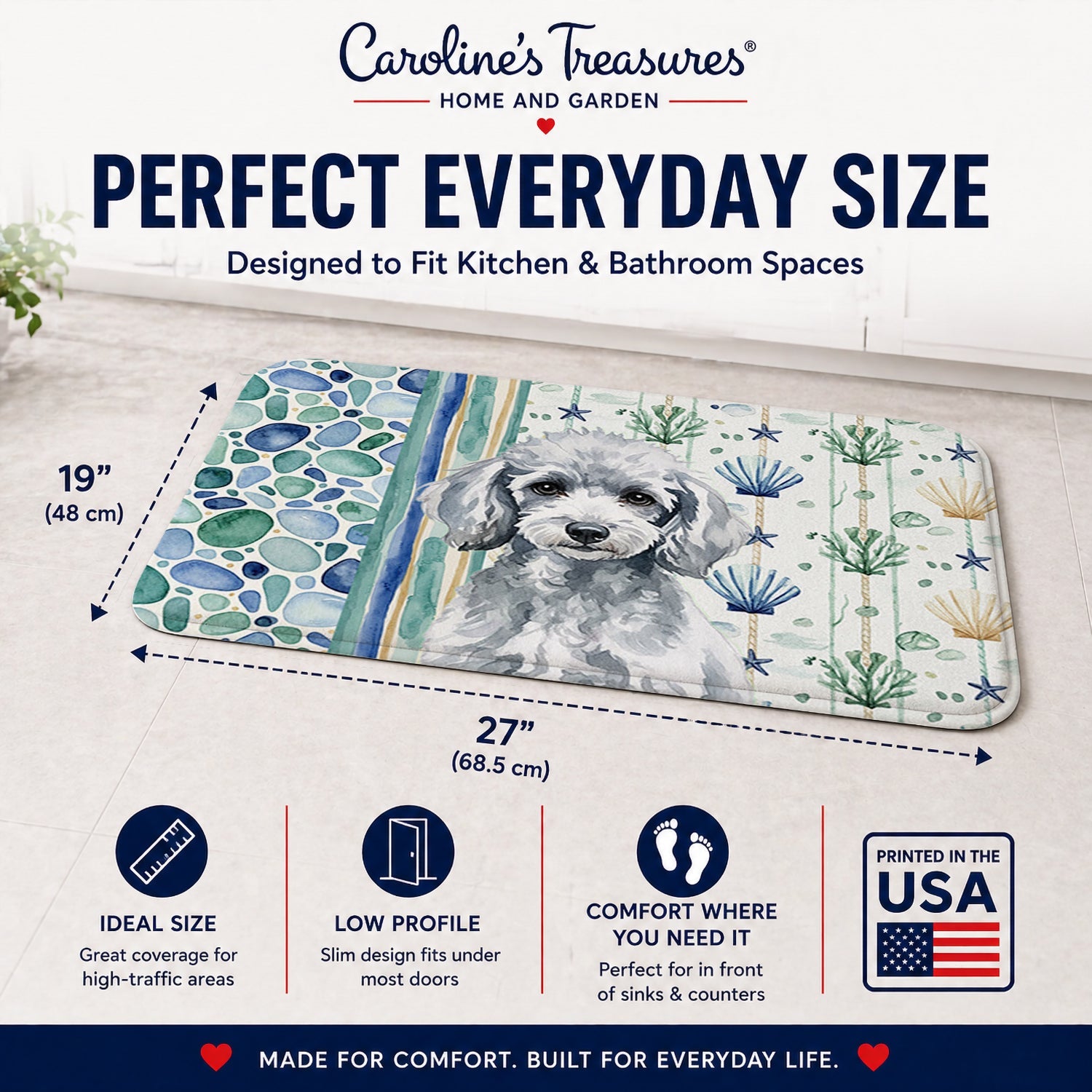 Miniature Silver Poodle Coastal Sea Glass Memory Foam Kitchen Mat Machine Washable Anti-Fatigue Cushion Comfort Bath or Kitchen Rug