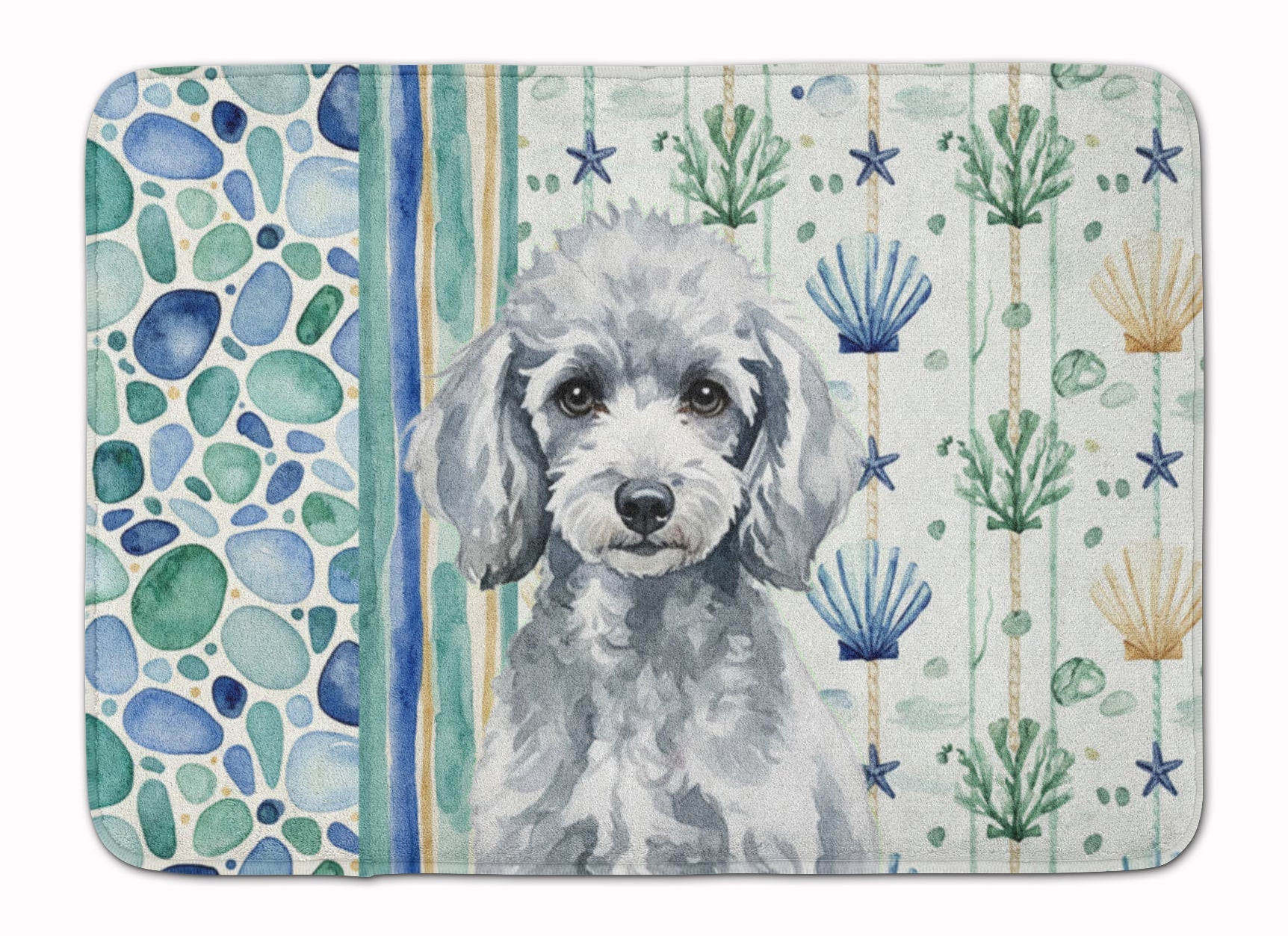 Miniature Silver Poodle Coastal Sea Glass Memory Foam Kitchen Mat Machine Washable Anti-Fatigue Cushion Comfort Bath or Kitchen Rug