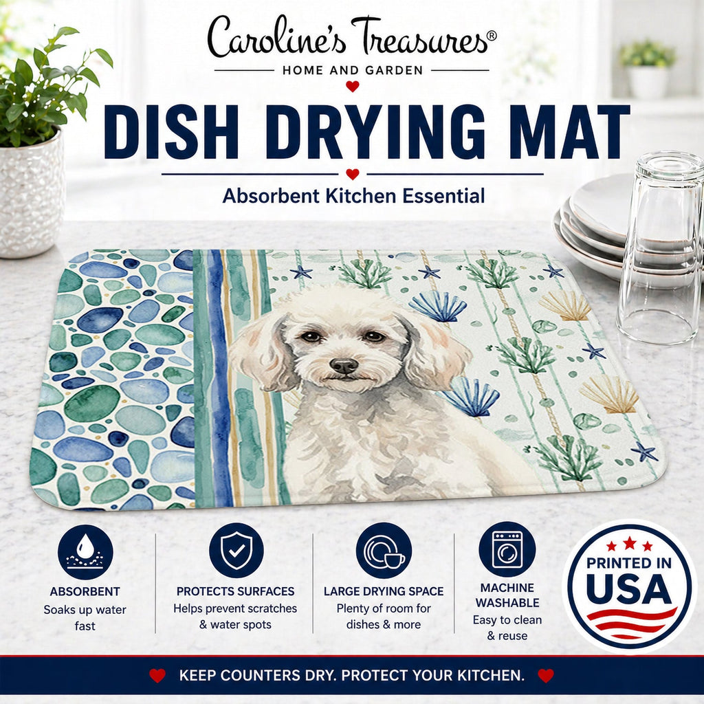 Miniature White Poodle Coastal Sea Glass Dish Drying Mat Absorbent Dish Drying Mat Pad for Kitchen Counter Dish Drainer Mat for Countertop, 14 x 21", Multicolor