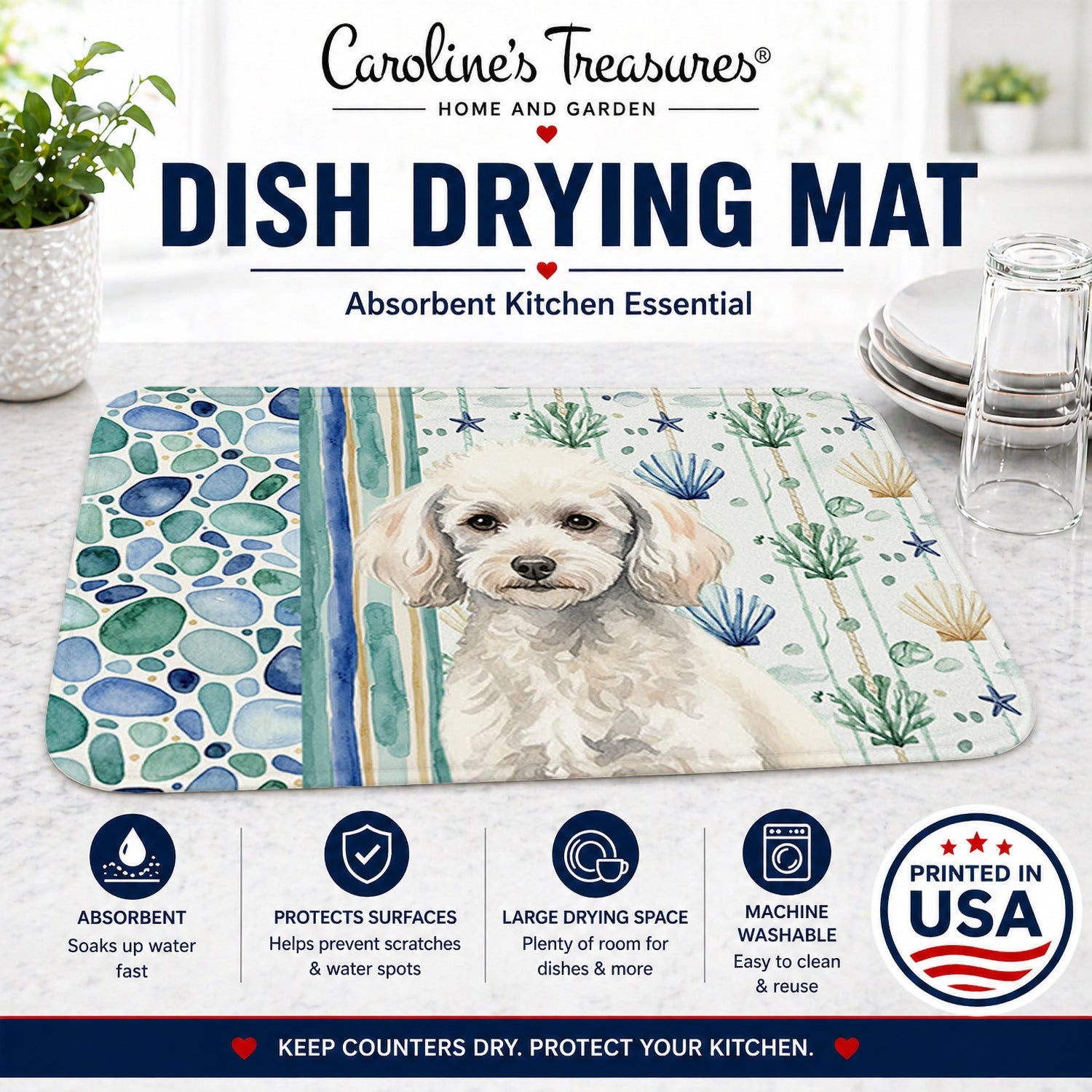 Miniature White Poodle Coastal Sea Glass Dish Drying Mat Absorbent Dish Drying Mat Pad for Kitchen Counter Dish Drainer Mat for Countertop, 14 x 21", Multicolor