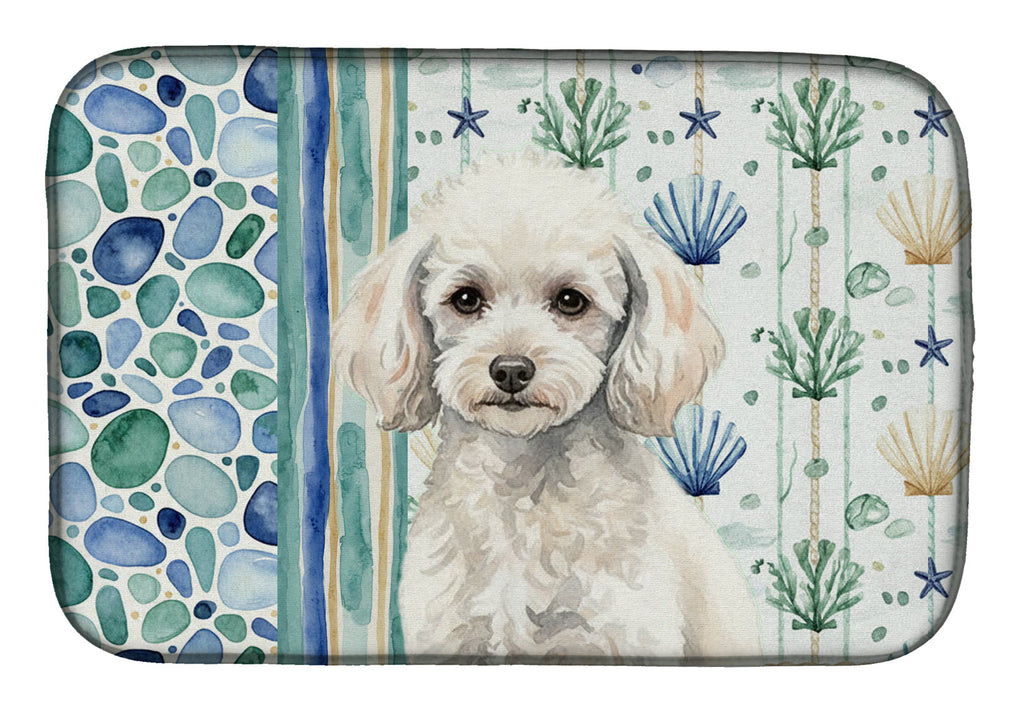 Miniature White Poodle Coastal Sea Glass Dish Drying Mat Absorbent Dish Drying Mat Pad for Kitchen Counter Dish Drainer Mat for Countertop, 14 x 21", Multicolor