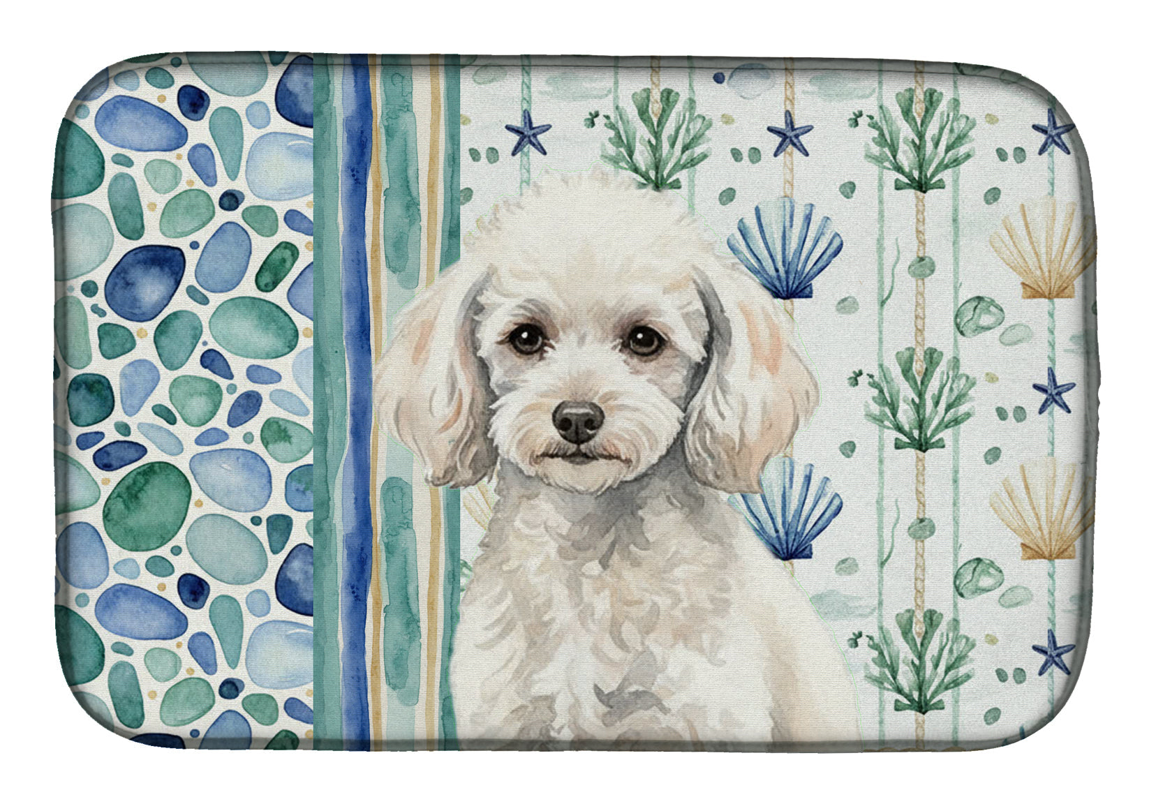 Miniature White Poodle Coastal Sea Glass Dish Drying Mat Absorbent Dish Drying Mat Pad for Kitchen Counter Dish Drainer Mat for Countertop, 14 x 21", Multicolor