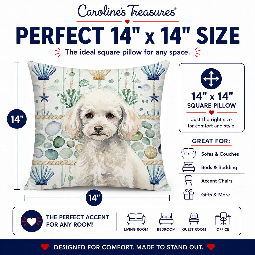 Miniature White Poodle Coastal Sea Glass Decorative Throw Pillow 14x14 Indoor Outdoor Accent Cushion, Fabric Cover with Insert for Sofa, Bed, Porch & Living Room