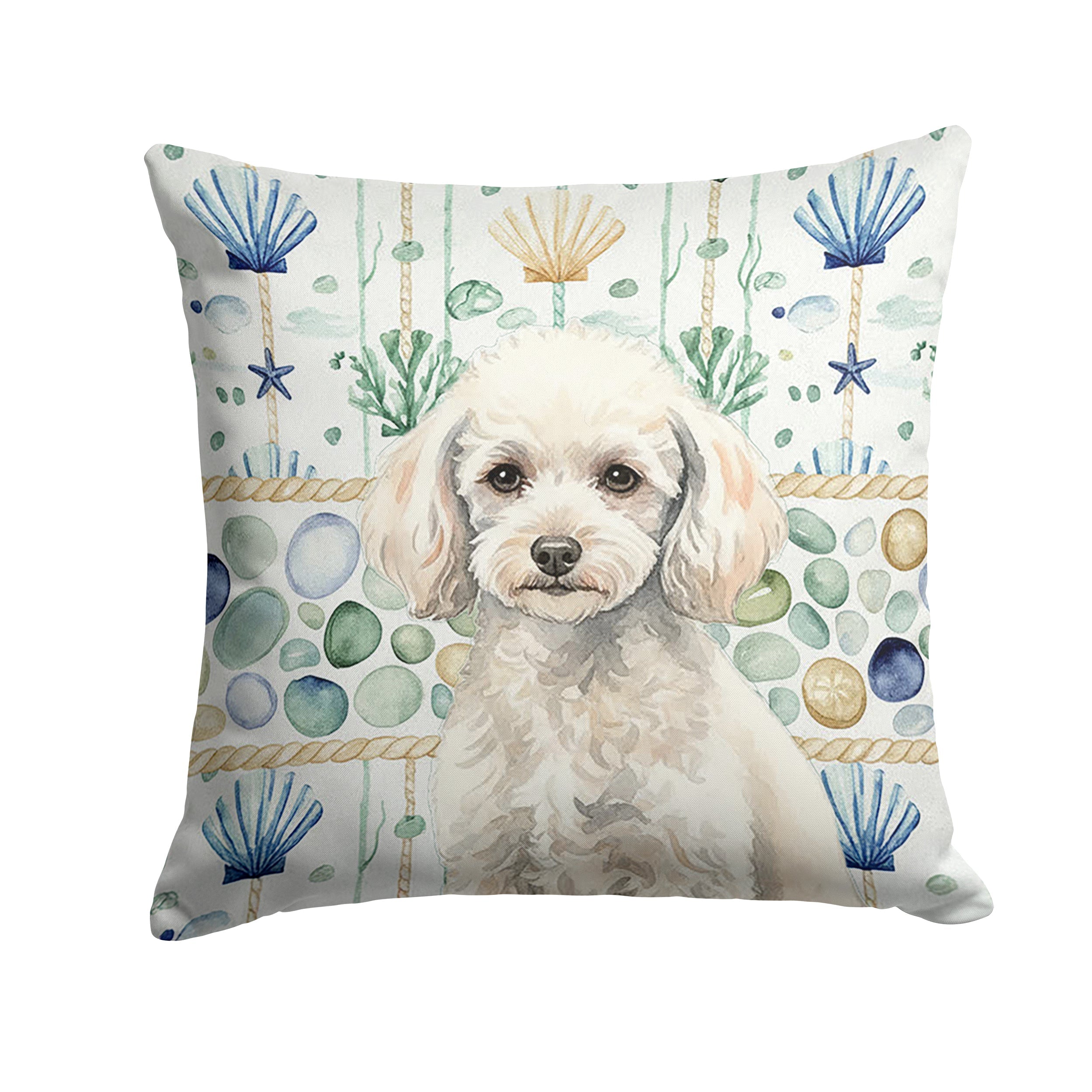 Miniature White Poodle Coastal Sea Glass Decorative Throw Pillow 18x18 Indoor Outdoor Accent Cushion, Fabric Cover with Insert for Sofa, Bed, Porch & Living Room