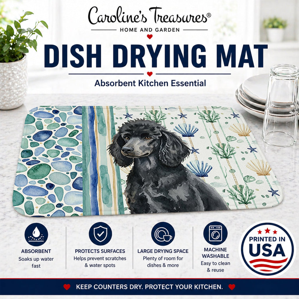 Standard Black Poodle Coastal Sea Glass Dish Drying Mat Absorbent Dish Drying Mat Pad for Kitchen Counter Dish Drainer Mat for Countertop, 14 x 21", Multicolor