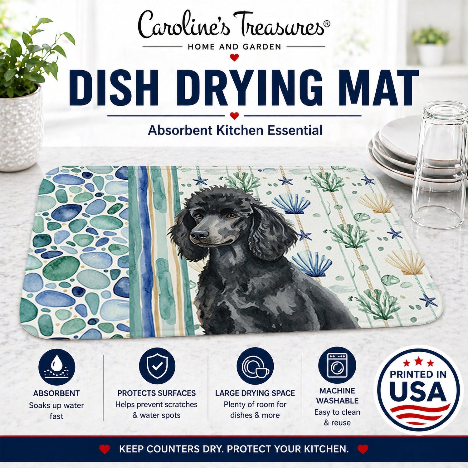 Standard Black Poodle Coastal Sea Glass Dish Drying Mat Absorbent Dish Drying Mat Pad for Kitchen Counter Dish Drainer Mat for Countertop, 14 x 21", Multicolor