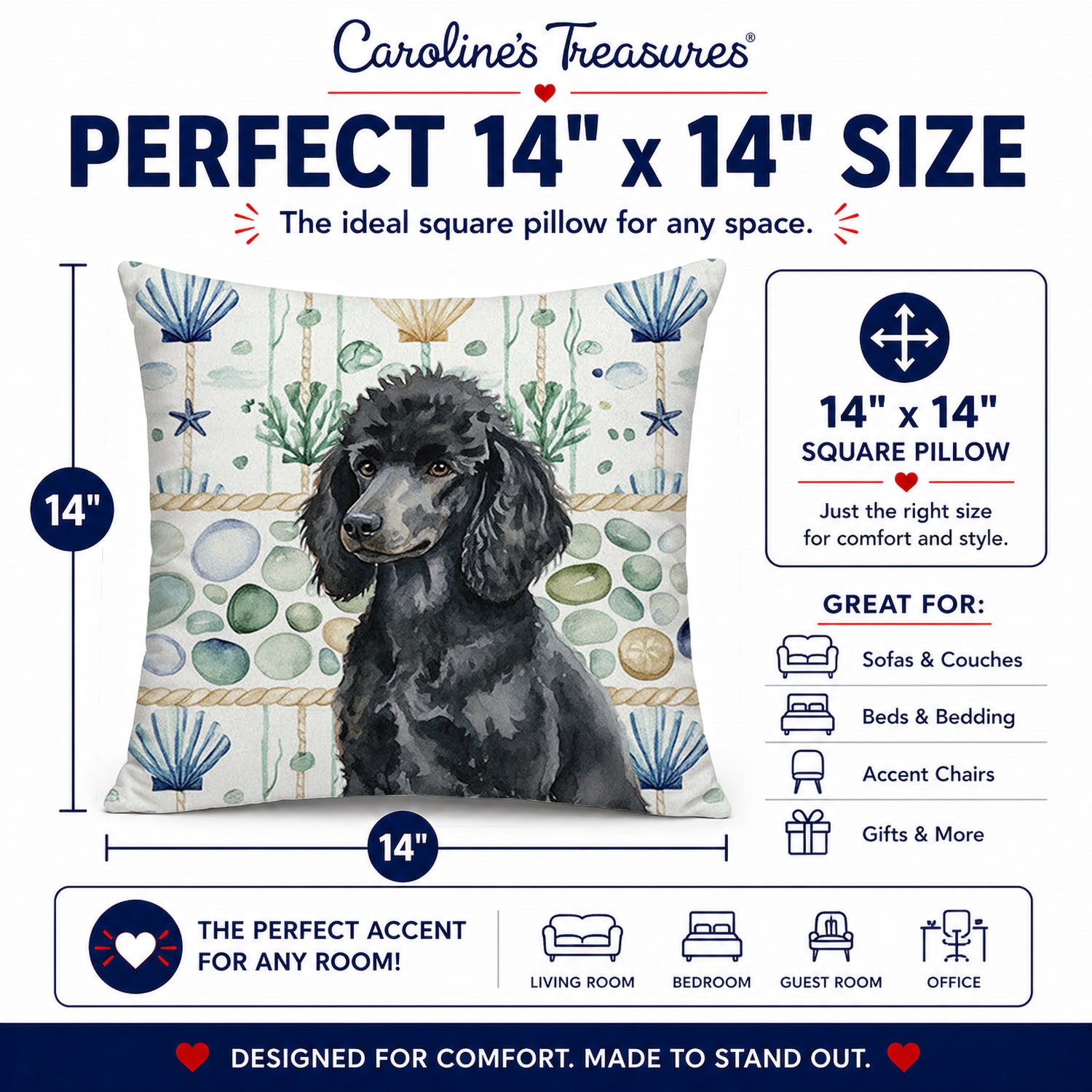 Standard Black Poodle Coastal Sea Glass Decorative Throw Pillow 14x14 Indoor Outdoor Accent Cushion, Fabric Cover with Insert for Sofa, Bed, Porch & Living Room