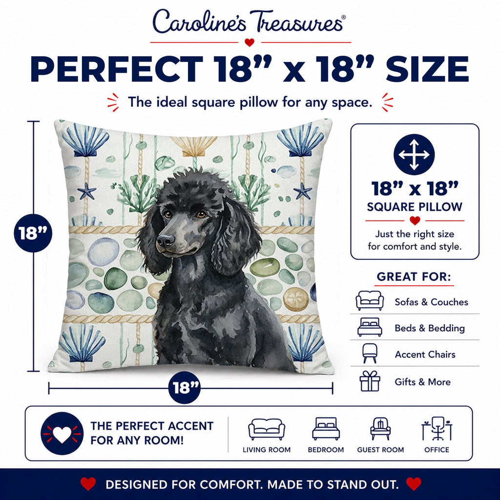 Standard Black Poodle Coastal Sea Glass Decorative Throw Pillow 18x18 Indoor Outdoor Accent Cushion, Fabric Cover with Insert for Sofa, Bed, Porch & Living Room