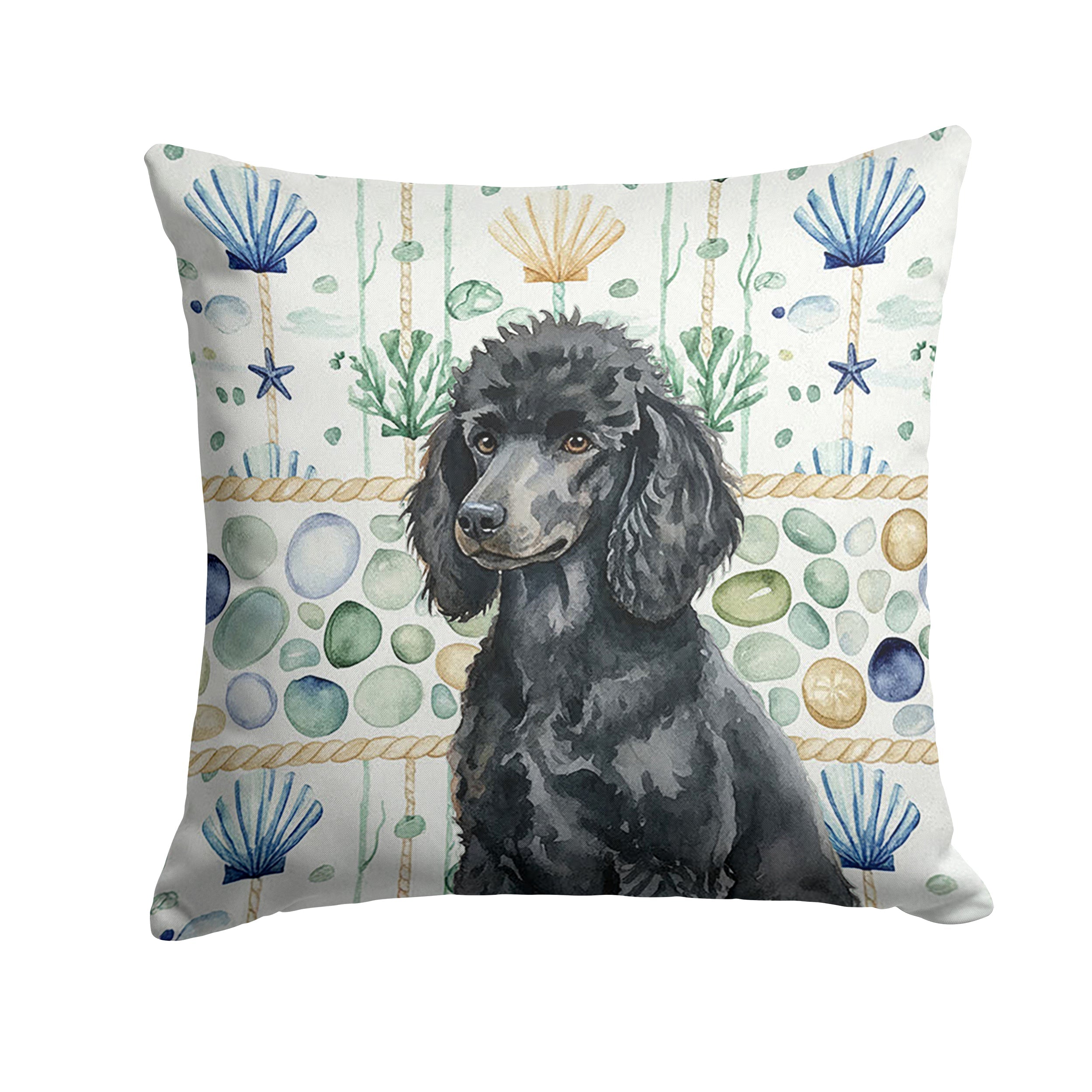 Standard Black Poodle Coastal Sea Glass Decorative Throw Pillow 18x18 Indoor Outdoor Accent Cushion, Fabric Cover with Insert for Sofa, Bed, Porch & Living Room
