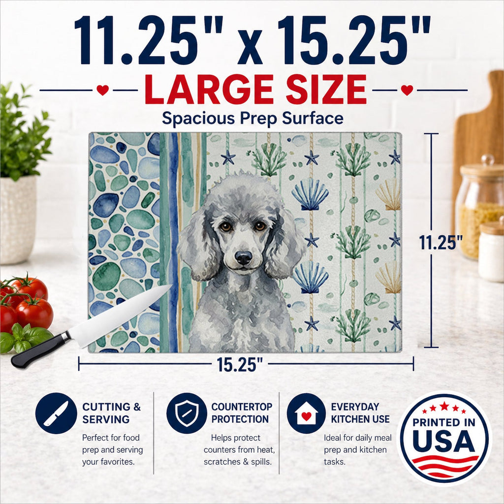 Standard Silver Poodle Coastal Sea Glass Cutting Board Tempered Glass Kitchen Cutting Surface, Heat Resistant Chopping, Non-Slip Feet, Food Prep & Serving
