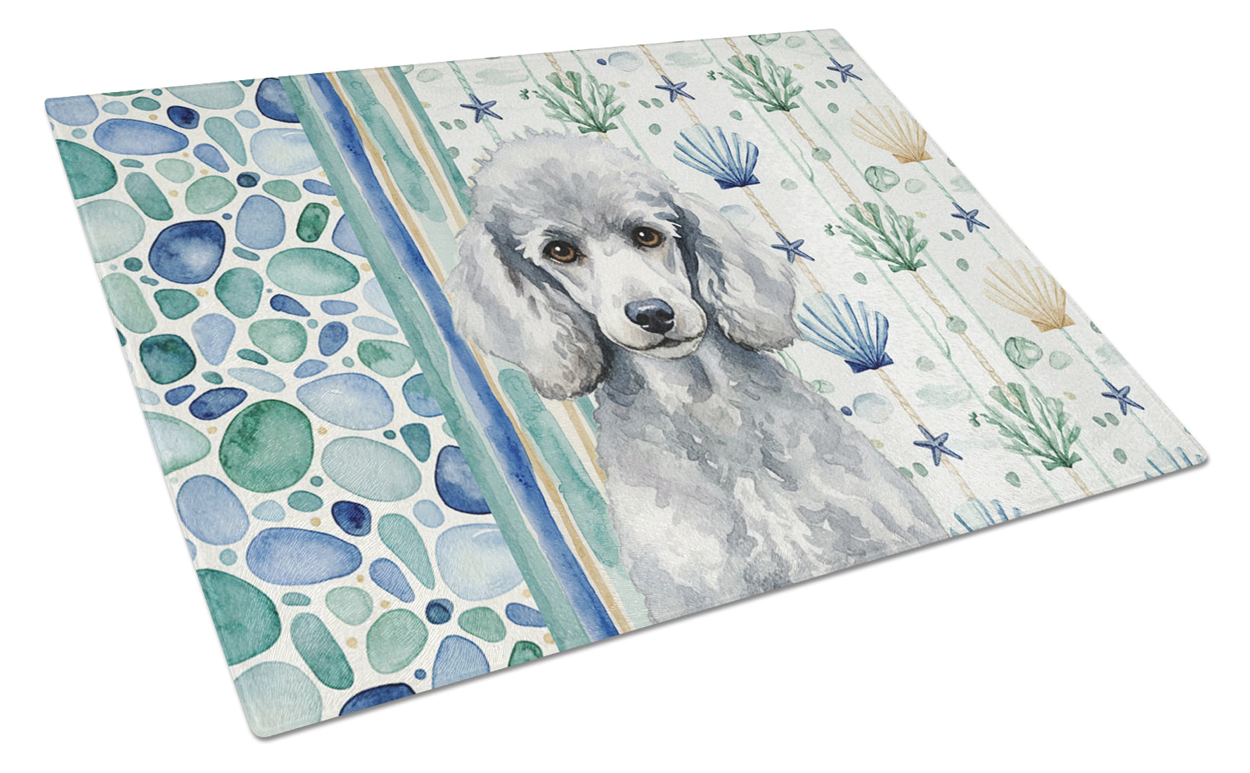 Standard Silver Poodle Coastal Sea Glass Cutting Board Tempered Glass Kitchen Cutting Surface, Heat Resistant Chopping, Non-Slip Feet, Food Prep & Serving
