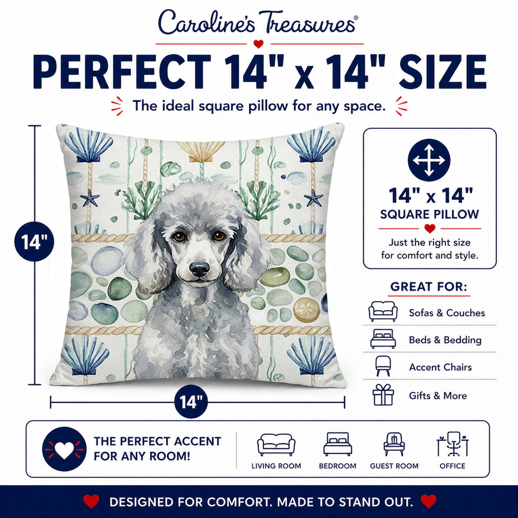 Standard Silver Poodle Coastal Sea Glass Decorative Throw Pillow 14x14 Indoor Outdoor Accent Cushion, Fabric Cover with Insert for Sofa, Bed, Porch & Living Room