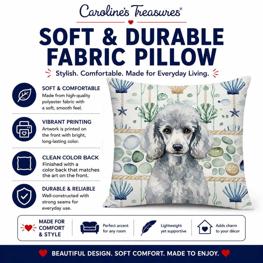 Standard Silver Poodle Coastal Sea Glass Decorative Throw Pillow 18x18 Indoor Outdoor Accent Cushion, Fabric Cover with Insert for Sofa, Bed, Porch & Living Room