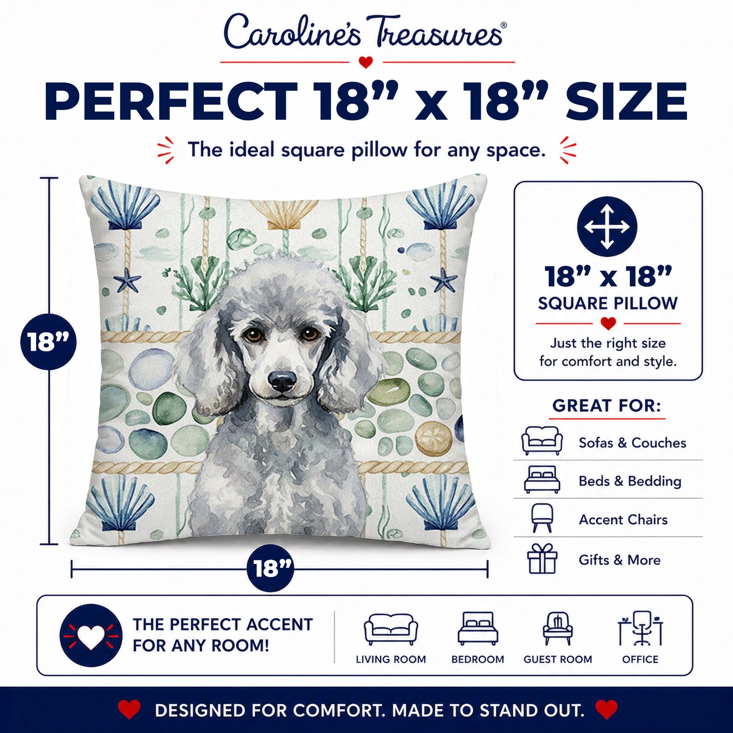 Standard Silver Poodle Coastal Sea Glass Decorative Throw Pillow 18x18 Indoor Outdoor Accent Cushion, Fabric Cover with Insert for Sofa, Bed, Porch & Living Room