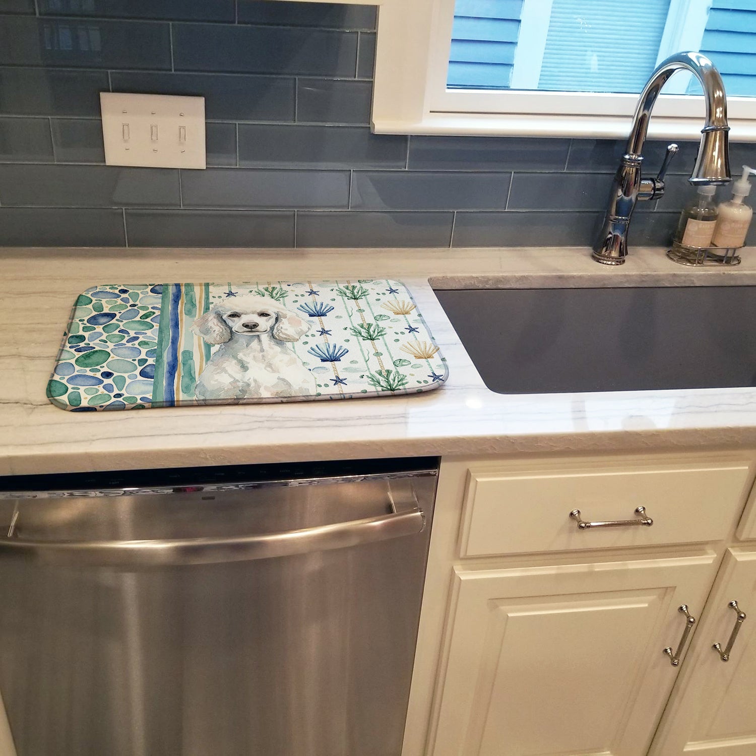 Standard White Poodle Coastal Sea Glass Dish Drying Mat Absorbent Dish Drying Mat Pad for Kitchen Counter Dish Drainer Mat for Countertop, 14 x 21", Multicolor