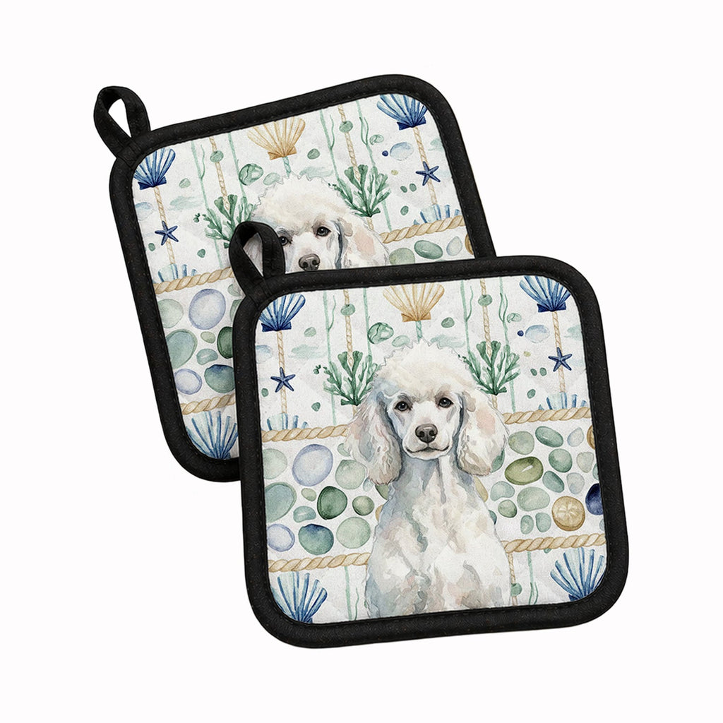 Standard White Poodle Coastal Sea Glass Pot Holder Set of 2 Heat Resistant Quilted Hot Pads 7.5 x 7.5 Inch, Insulated Kitchen Trivets for Cooking & Baking