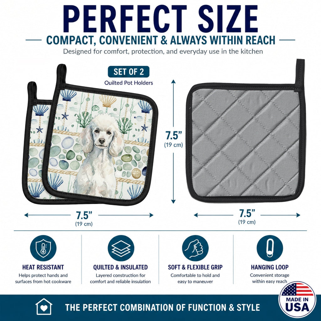 Standard White Poodle Coastal Sea Glass Pot Holder Set of 2 Heat Resistant Quilted Hot Pads 7.5 x 7.5 Inch, Insulated Kitchen Trivets for Cooking & Baking
