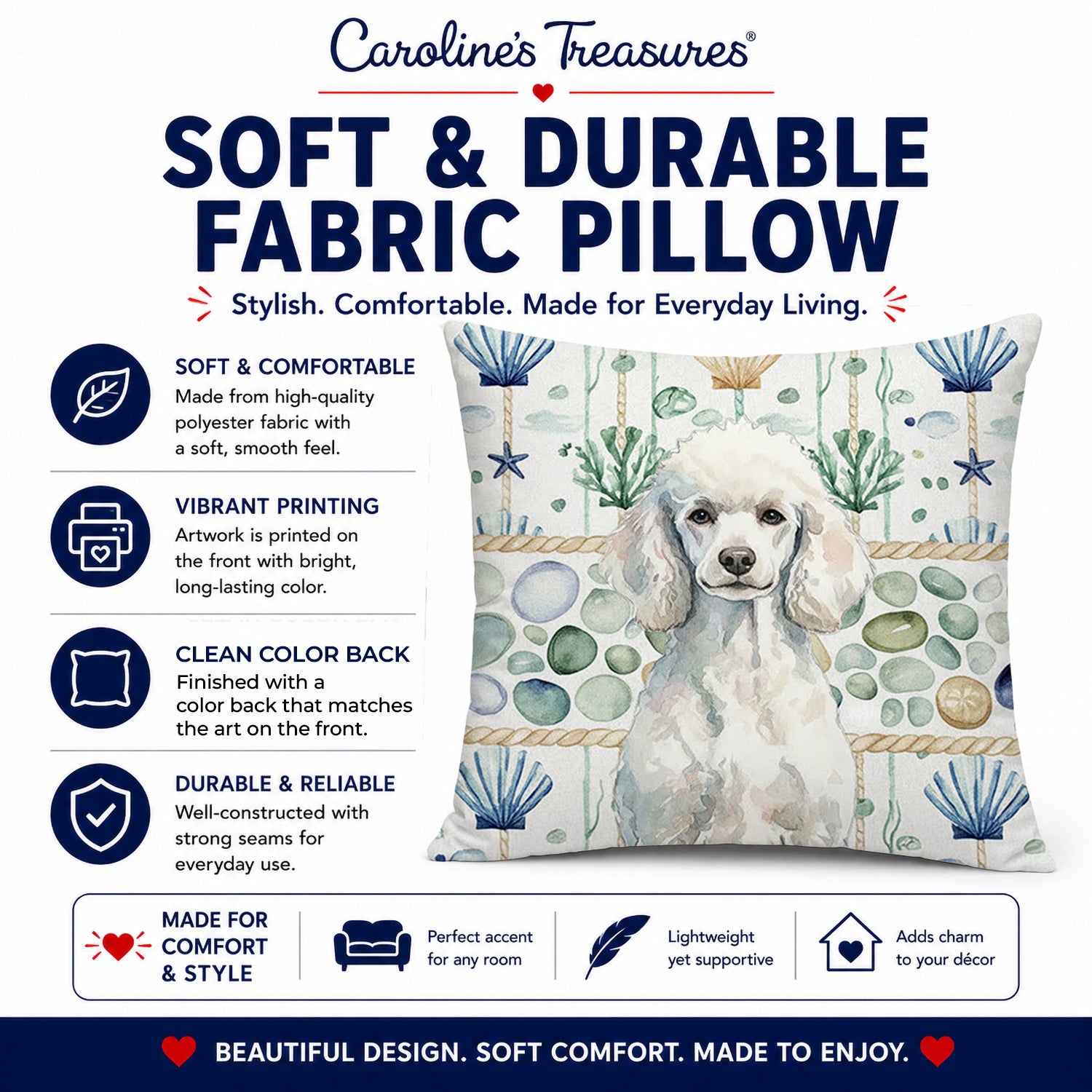 Standard White Poodle Coastal Sea Glass Decorative Throw Pillow 14x14 Indoor Outdoor Accent Cushion, Fabric Cover with Insert for Sofa, Bed, Porch & Living Room